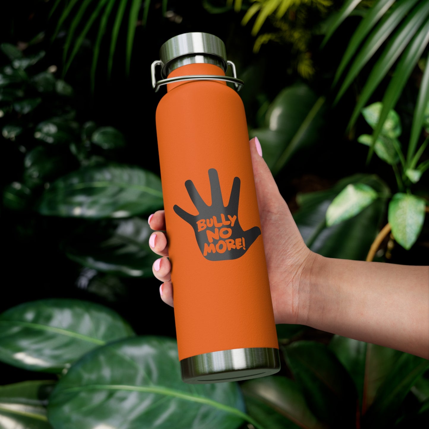 Copper Vacuum Insulated Bottleโ Anti Bullying Stainless Steel Thermos with Black Hand Logo โ Hot Cold BPA-Free Water Bottle โ 22oz
