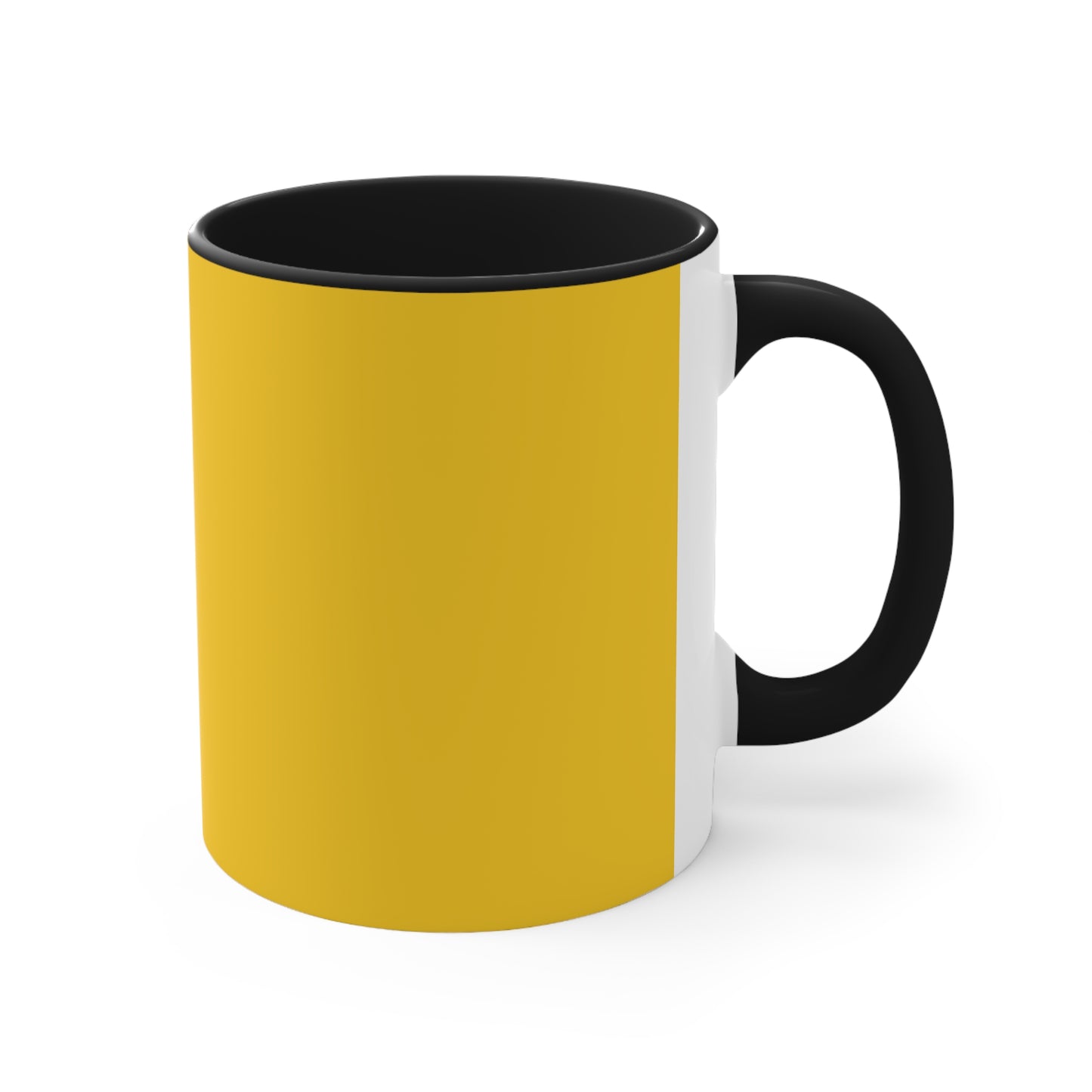 Back of black, white and yellow mug